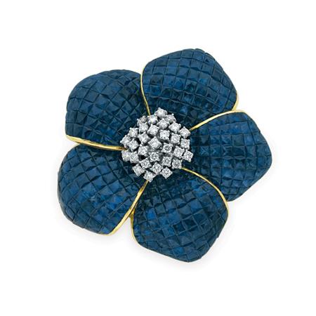 Appraisal: Invisibly-Set Sapphire and Diamond Flower Clip-Brooch Estimate -