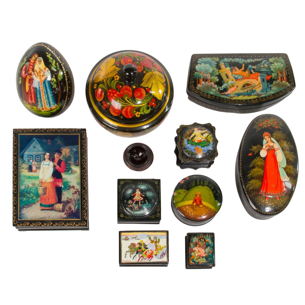 Appraisal: RUSSIAN LACQUER BOX ASSORTMENT items mostly hinged mostly hand-painted a