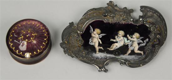 Appraisal: CONTINENTAL ROCOCO REVIVAL SILVERED AND ENAMELLED DISH decorated with three