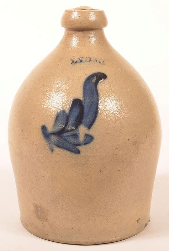 Appraisal: Lyons Stoneware Jug w Blue Leaf Decoration Lyons - Gallon