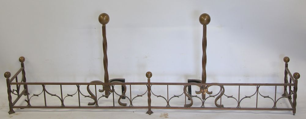 Appraisal: Antique Hand Wrought Iron Andirons And Fender Nicely hand turned