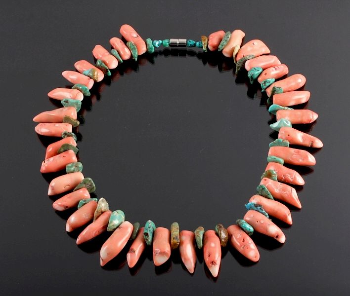 Appraisal: Navajo Turquoise Coral Nugget Necklace This is a Navajo Native