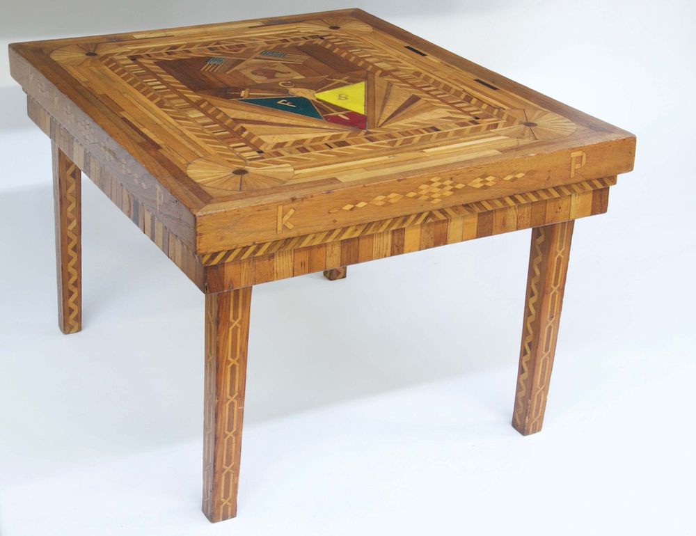 Appraisal: Penitentiary Folk Art Multi-wood Inlaid Side Table circa s Penitentiary