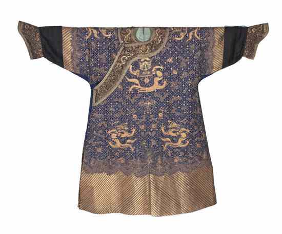 Appraisal: A Chinese Gold and Bronze-Embroidered Blue Dragon Robe Jifu having