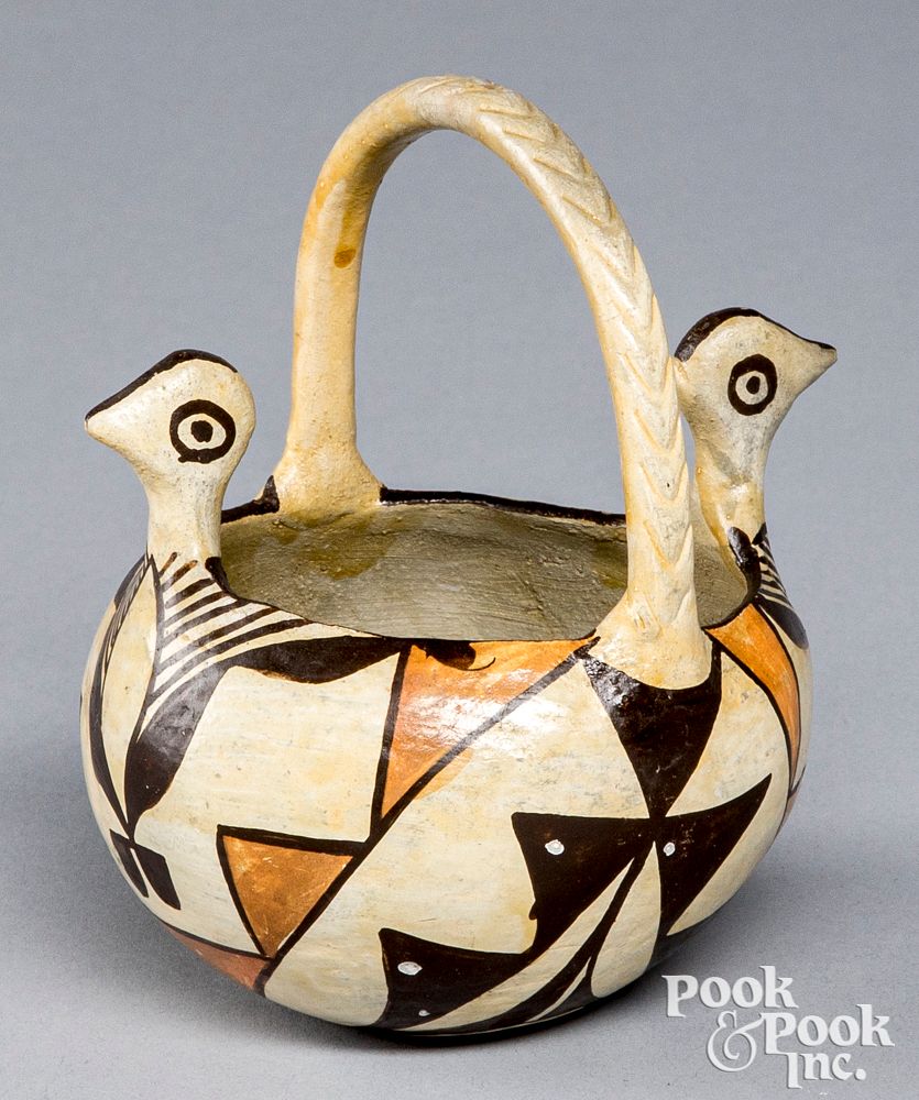 Appraisal: Acoma Indian polychrome bird head pottery basket Acoma Indian polychrome