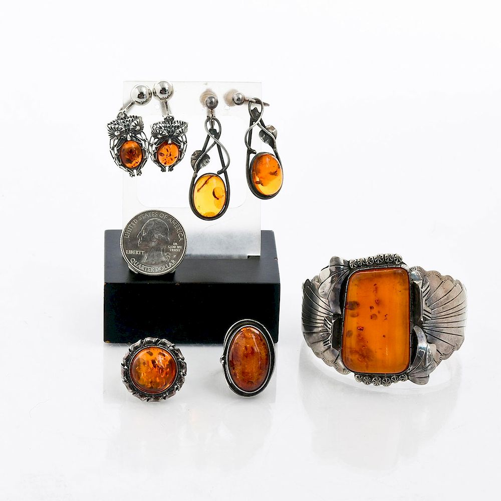 Appraisal: RINGS EARRINGS CUFF AMBER SILVER NATIVE CRAFT Cuff size C