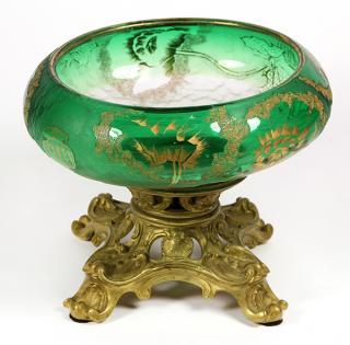 Appraisal: Art glass and bronze centerbowl executed in green glass with