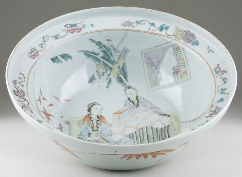 Appraisal: Chinese Porcelain Celadon Basin th century hand-painted scene of two