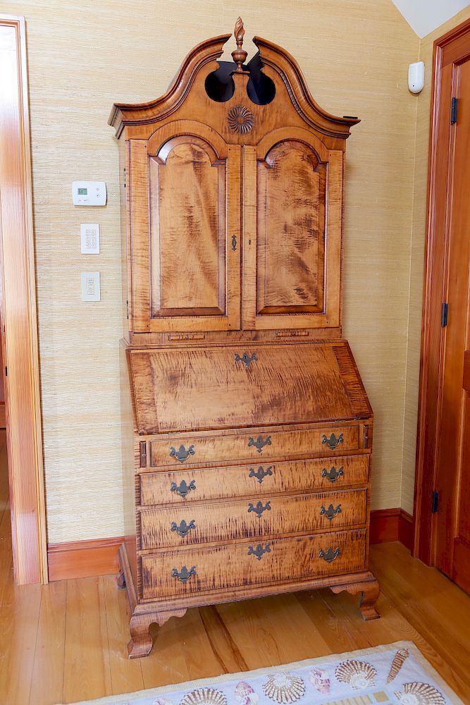 Appraisal: Douglas Partridge Dimes Chippendale Style Tiger Maple Secretary Bookcase Exclusive