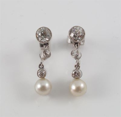 Appraisal: A pair of diamond and cultured pearl drop earrings The