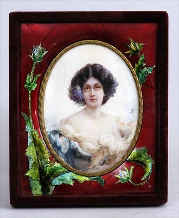 Appraisal: CONTINENTAL PORTRAIT MINIATURE ON PARCHMENT IN ENAMEL AND VELVET FRAME