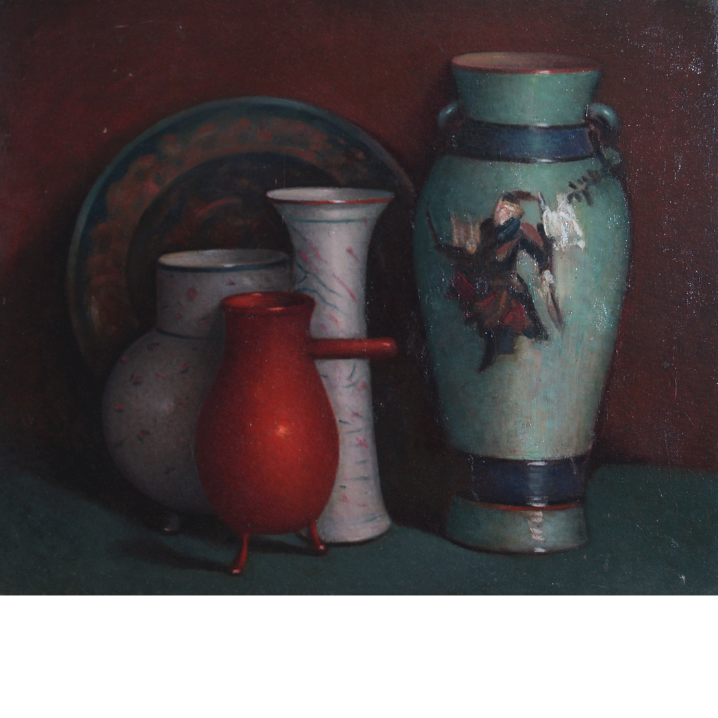 Appraisal: American School th th Century Still Life with Vases and