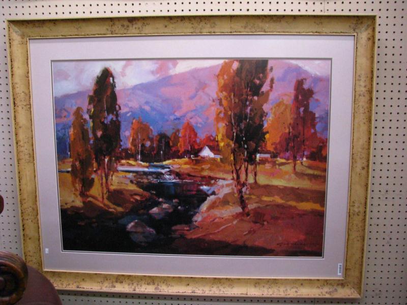 Appraisal: Framed Decorator Print autumn landscape with homestead and creek signed