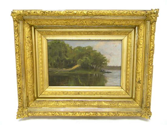 Appraisal: Unsigned landscape waterscape th C oil on canvas framed craquelure