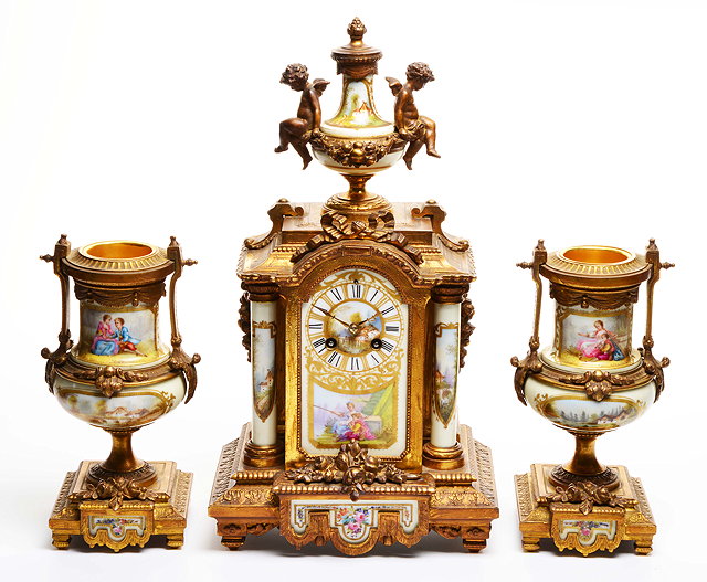 Appraisal: A TH CENTURY GILT METAL PORCELAIN GARNITURE DE CHIMINEE CLOCK