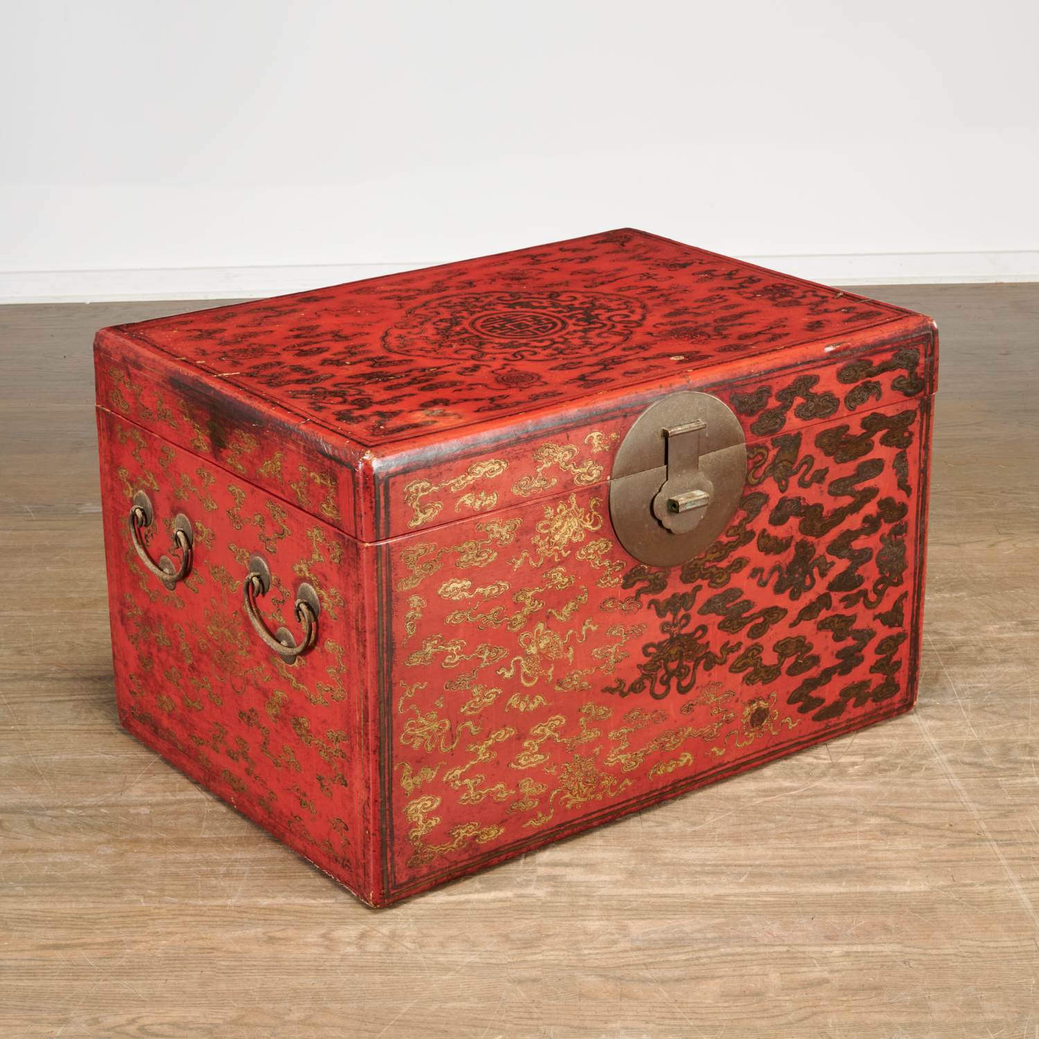 Appraisal: LARGE ANTIQUE CHINESE RED LACQUER TRUNK Qing Dynasty th th