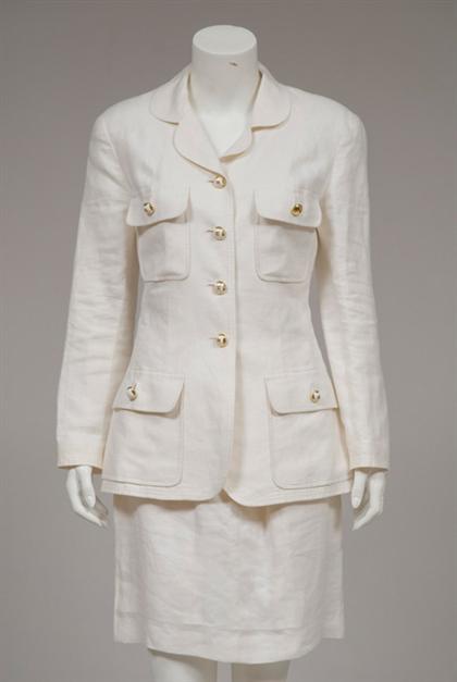 Appraisal: White linen Chanel skirt suit s- s Single-breasted rounded notch-collar