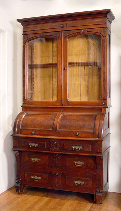 Appraisal: VICTORIAN RENAISSANCE REVIVAL WALNUT CYLINDER ROLL SECRETARY BOOKCASE Burled wood