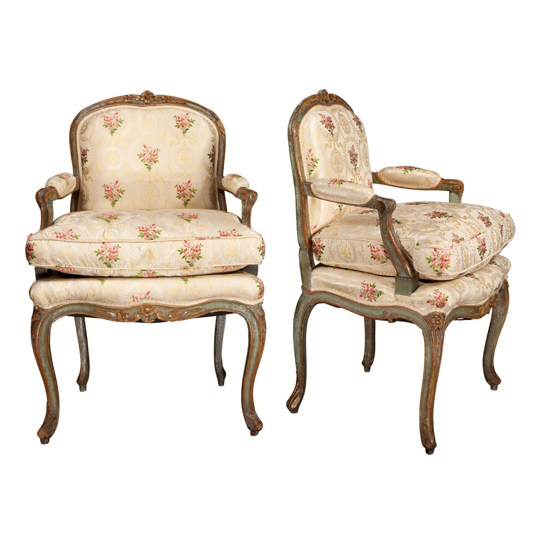 Appraisal: Pair of Continental Painted and Parcel Gilt Fauteuils a la