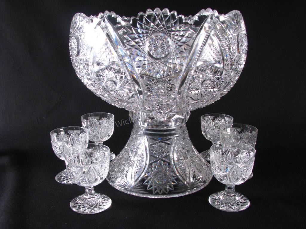 Appraisal: Monumental Cut Glass Punch Bowl and Cups antique fully cut