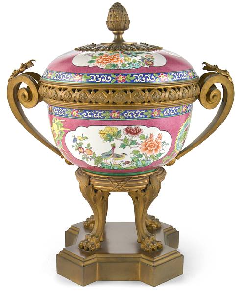 Appraisal: A good French gilt bronze mounted porcelain covered urn late