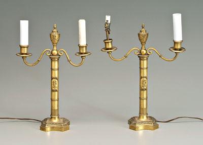 Appraisal: Pair brass candelabra style lamps central urn with scrolled arms