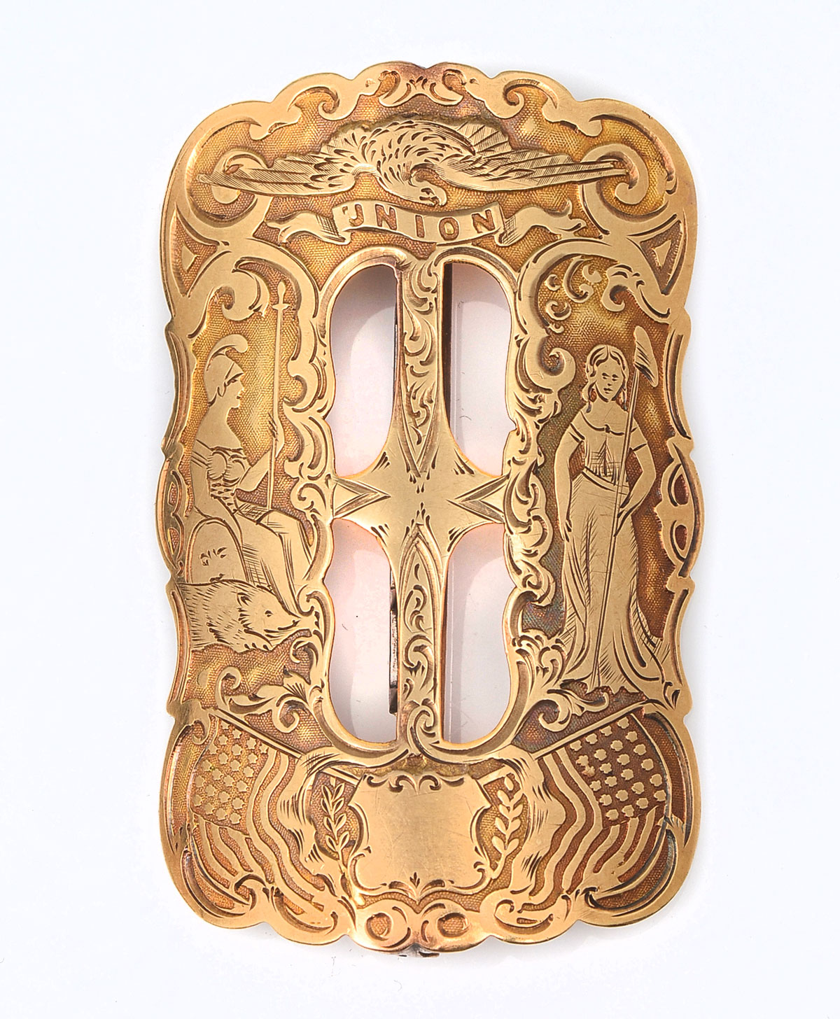 Appraisal: GOLD PLATED CIVIL WAR SASH BUCKLE Embossed decoration depicting an