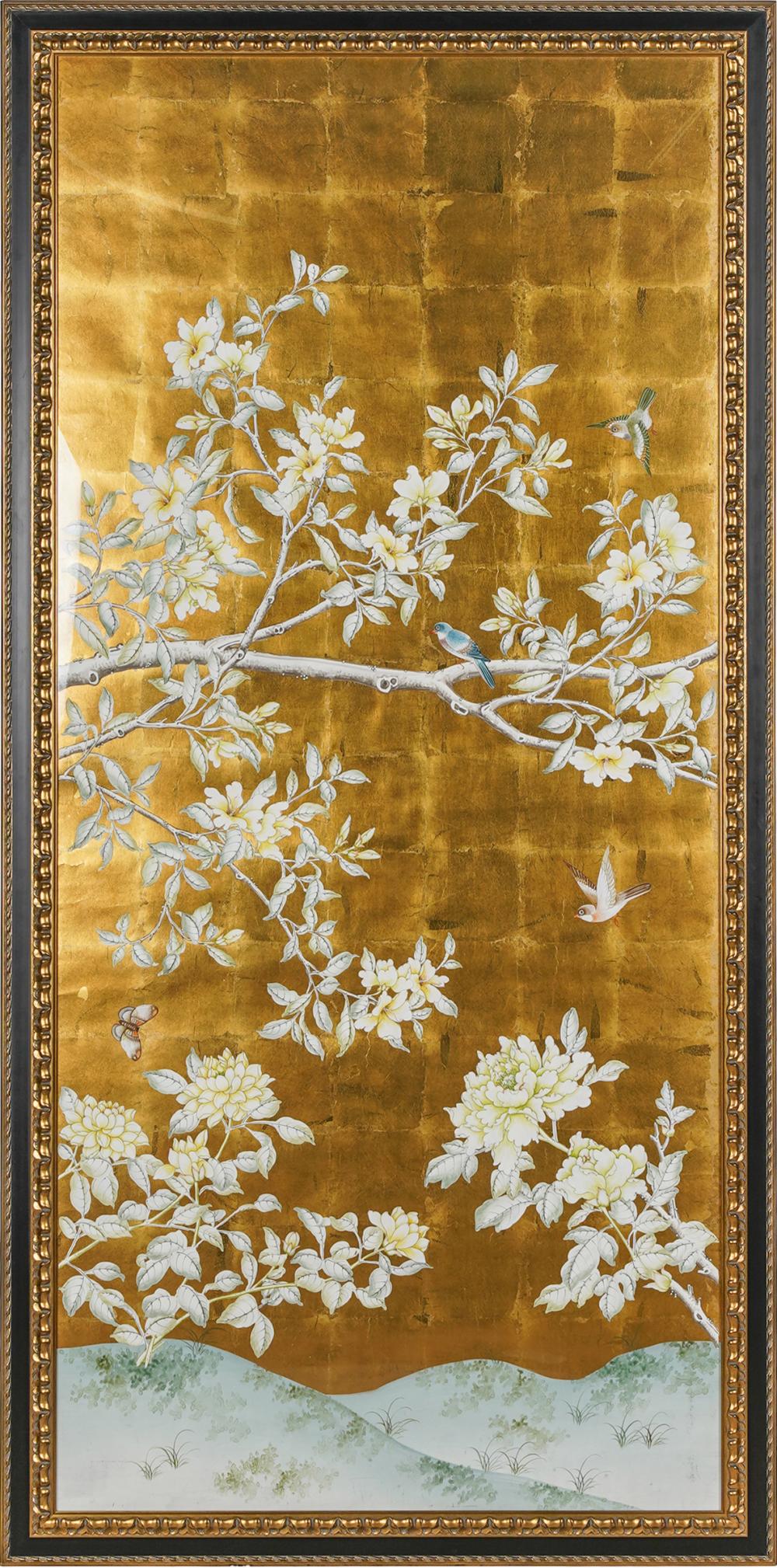 Appraisal: CHINOISERIE PAINTED PAPER PANELon gold-leaf ground mounted to backing and