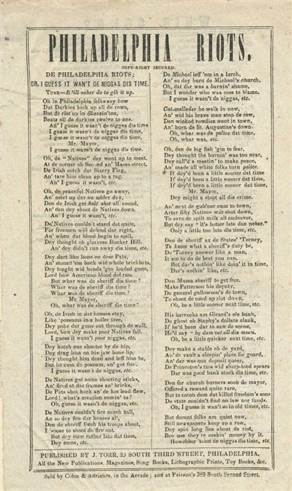 Appraisal: piece Printed Song Sheet Philadelphia Riots Philadelphia J Torr ca