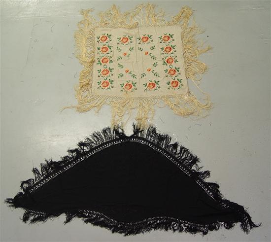 Appraisal: Embroidered Silk Table Scarf With roses on cream ground long