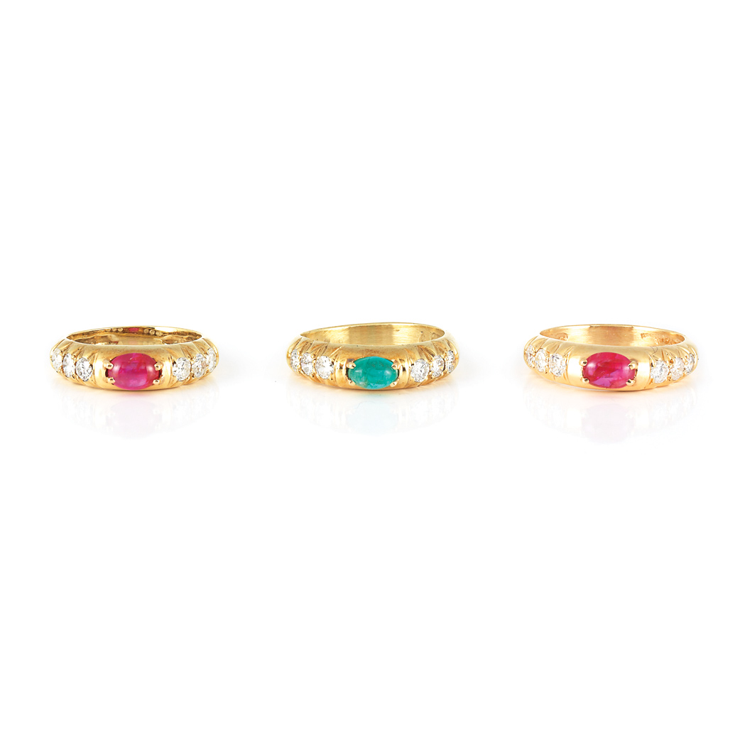 Appraisal: Three Gold Cabochon Gem-Set and Diamond Rings kt round diamonds