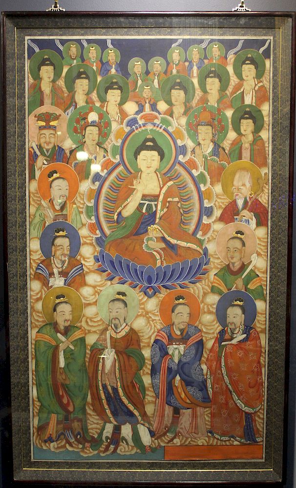 Appraisal: Monumental Antique Tibetan Thangka Monumental Antique Tibetan Thangka Depicting Figures