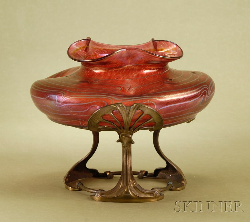 Appraisal: Austrian Gilded Cranberry Glass and Bronze-mounted Centerpiece c likely Loetz