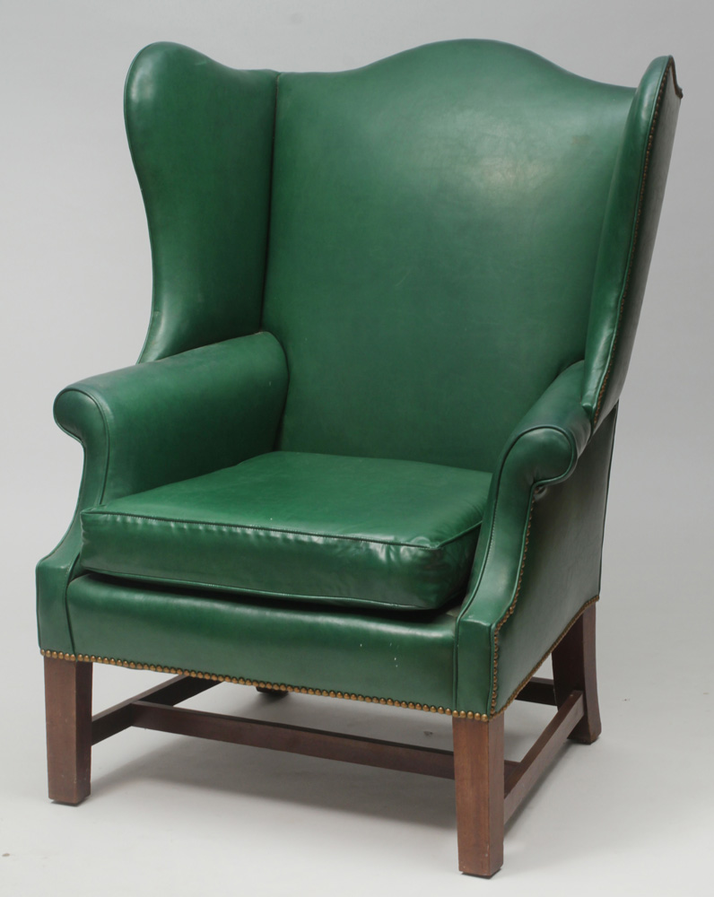 Appraisal: George III Style Mahogany and Green Leather Upholstered Wing Chair