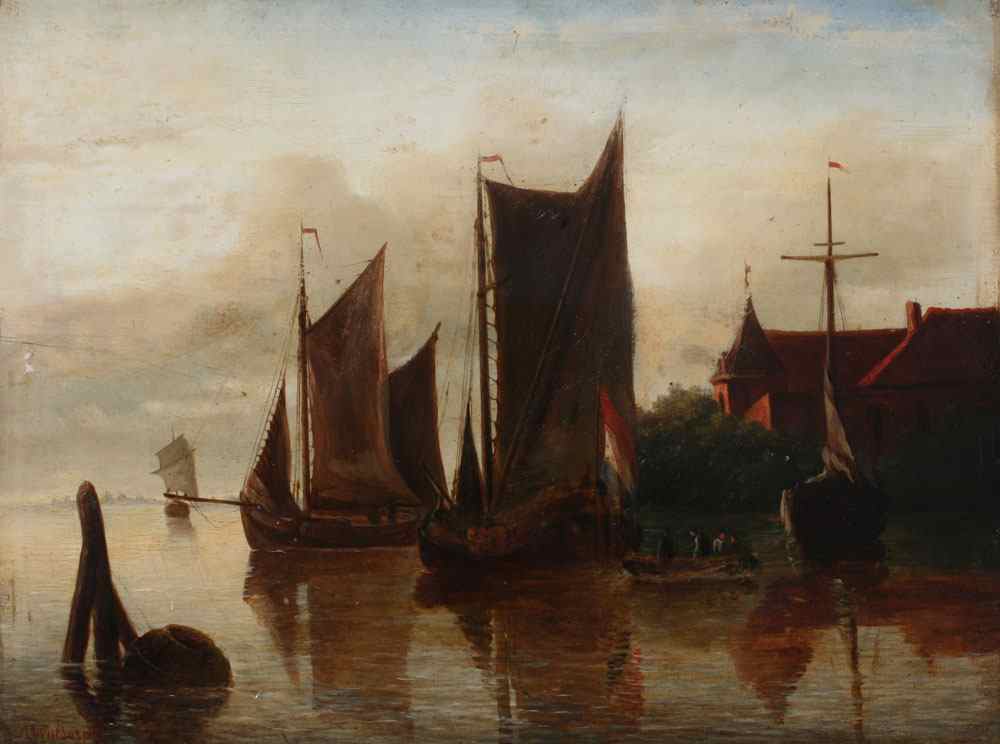 Appraisal: TH C CANAL SCENE WITH HARBOR VIEW AND BOATS SIGNED