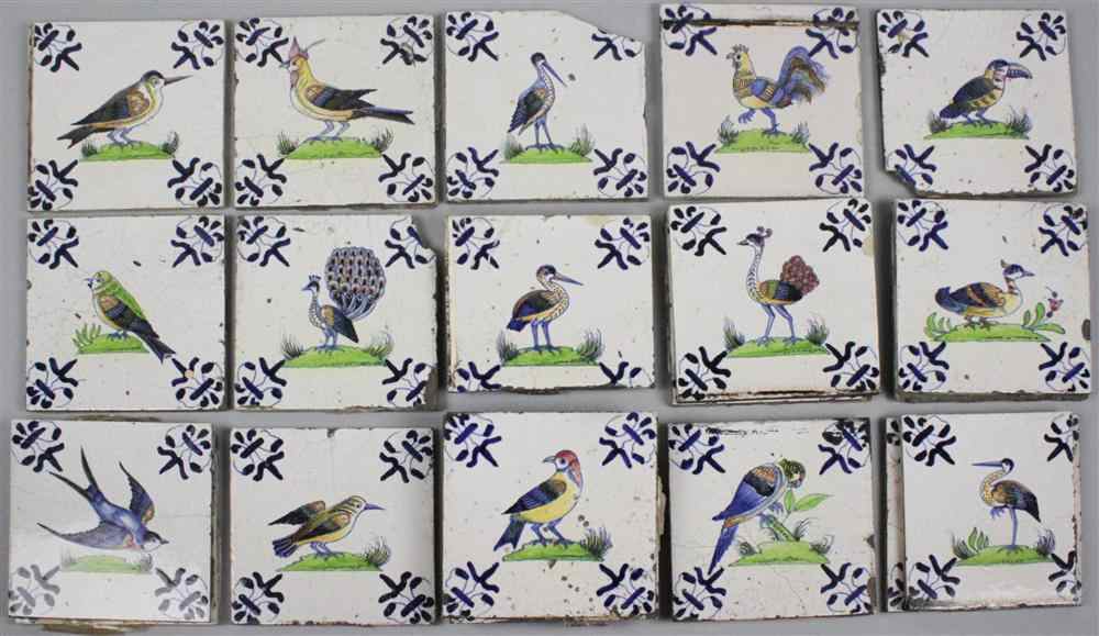 Appraisal: TWENTY-ONE DELFT BIRD TILES including herend chicken parrots hoppoe duck