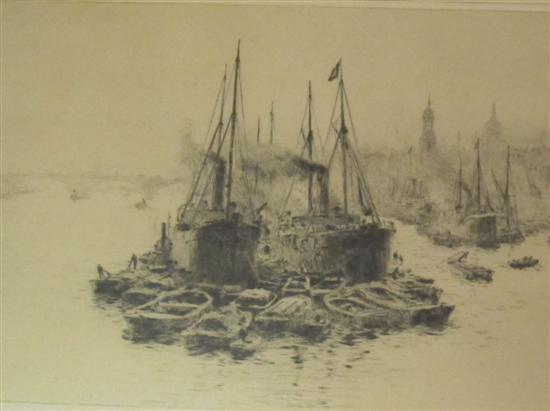 Appraisal: W L Wyllie engraving boats on the Thames St Pauls