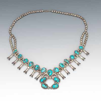 Appraisal: A Silver and Turquoise Squash Blossom Necklace Signed JT Traditionally