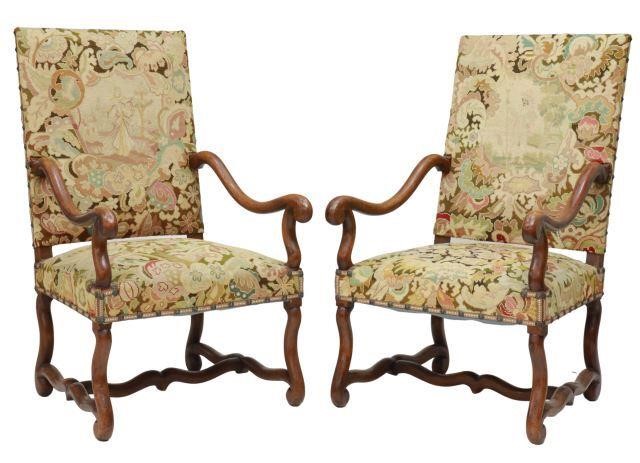 Appraisal: pair French Louis XIV style walnut armchairs th c in