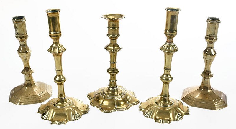 Appraisal: Five Georgian Brass Candlesticks British th century pair with faceted