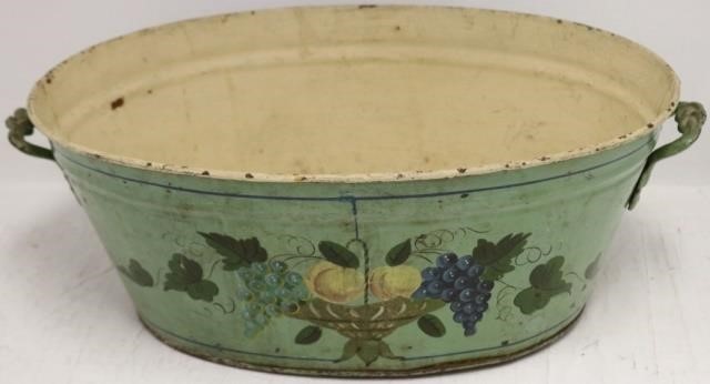 Appraisal: TH CENTURY PAINTED TOLEWARE BASIN WITH HANDLES EARLY PAINT PROBABLY