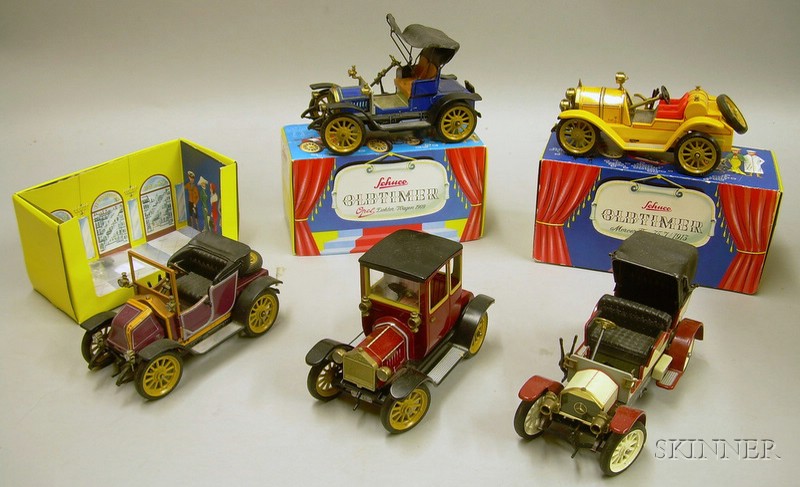 Appraisal: Five Schuco Old Timer Clockwork Automobiles mid- th century lithographed