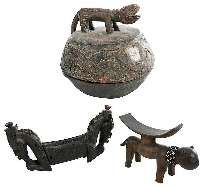 Appraisal: African Divination Bowl and Two Head Rests probably early to