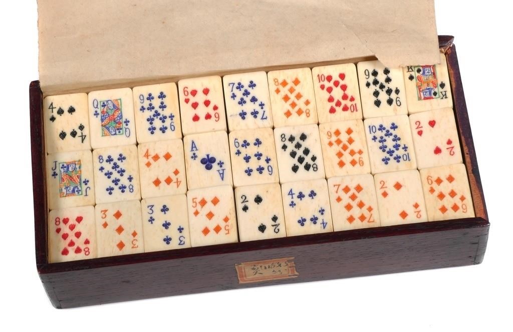 Appraisal: ANTIQUE BONE MAHJONG PLAYING CARD TILES SETVery rare complete playing