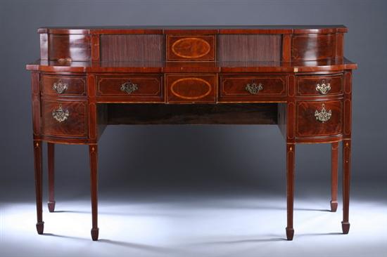 Appraisal: GEORGE III INLAID MAHOGANY SIDEBOARD th century Breakfronted superstructure with