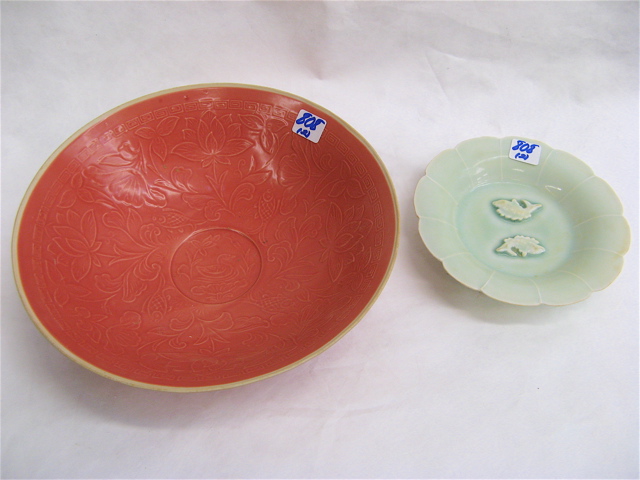 Appraisal: TWO CHINESE PORCELAIN BOWLS Melon hued diameter Ming style footed