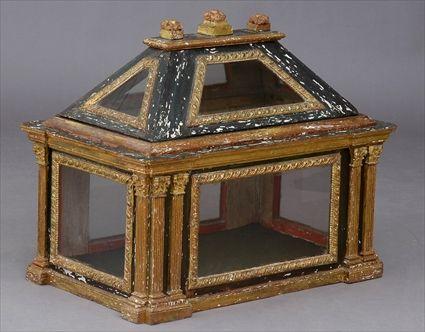 Appraisal: PAINTED AND PARCEL-GILT RELIQUARY CHEST The glass-lined top above a