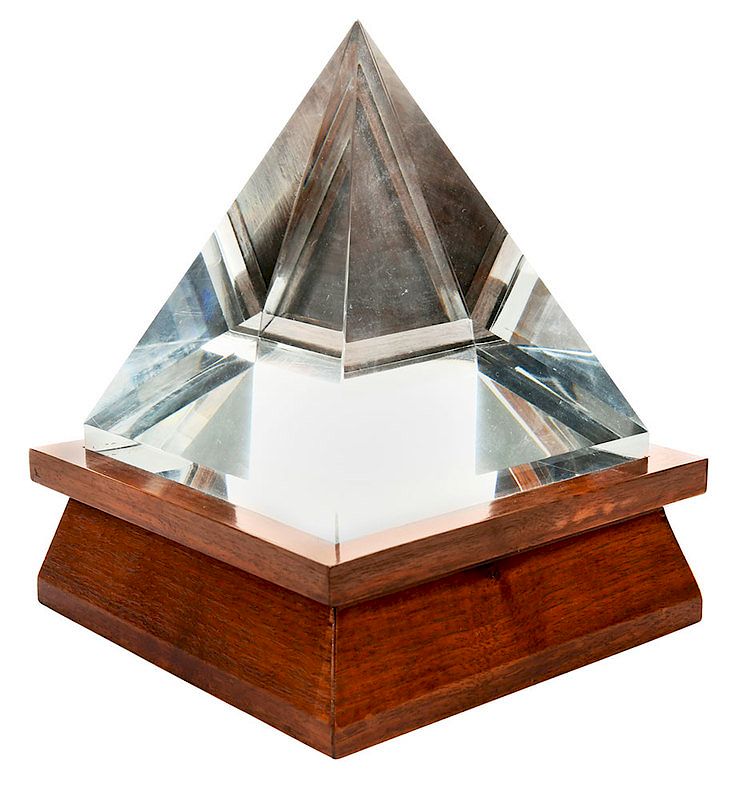 Appraisal: Square Glass Pyramid On Wooden Base probably American late th