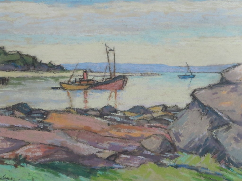 Appraisal: ERNEST ARCHIBALD TAYLOR - FISHING BOATS IN AN INLET Pastel