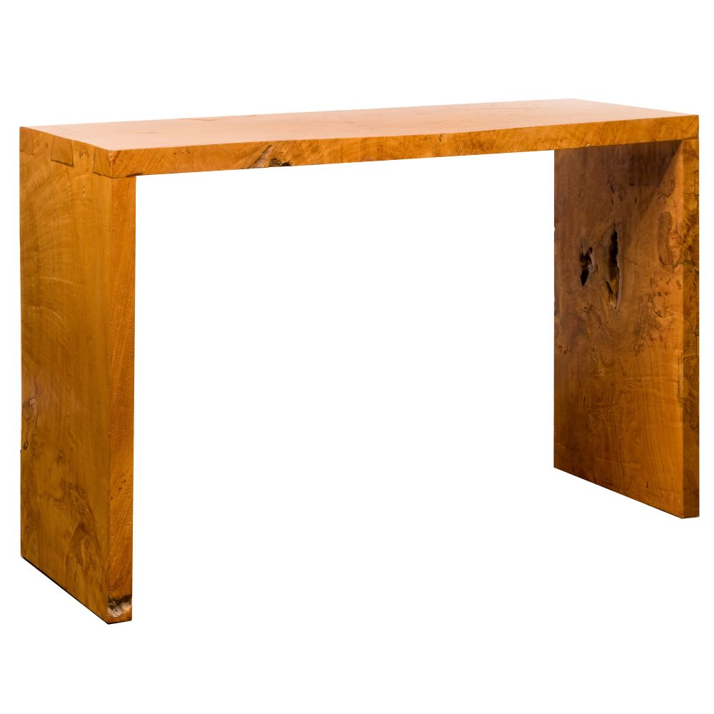 Appraisal: BURLED WALNUT CONSOLE TABLEConsisting of planks having dovetailed joinery